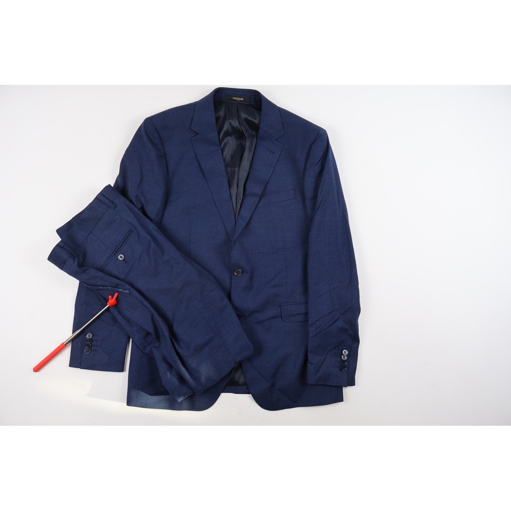Youngor Suit 2 Piece Blazer Trousers Blue Solid 40 Linen Blend NEW